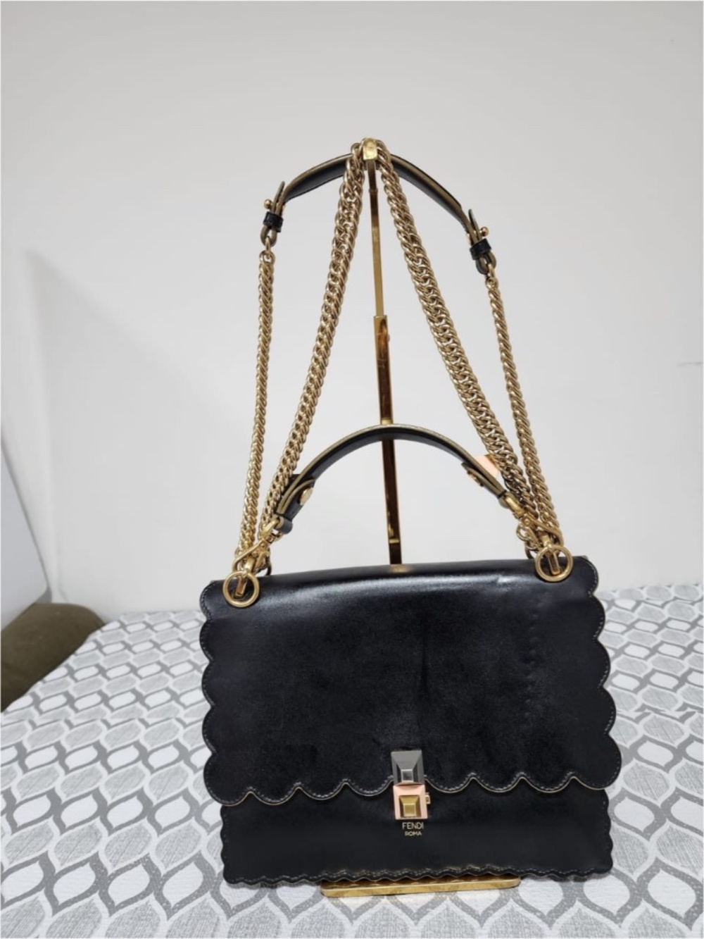 Authentic FENDI Vitello Liberty Scalloped Studded Kan I Shoulder Bag Black